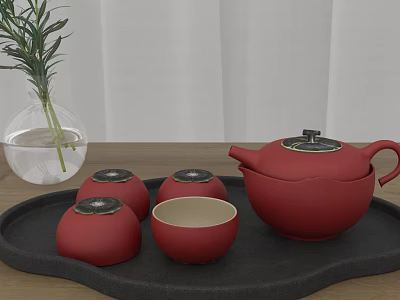 Red Tea Set with Teapot Cups on Black Tray and Green Plant 3d model