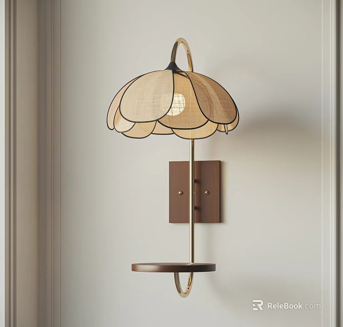 Elegant Petal Shaped Wall Lamp With Beige Shade Dark Trim Brass Pole And Circular Shelf 3d model 