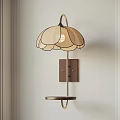 Elegant Petal Shaped Wall Lamp With Beige Shade Dark Trim Brass Pole And Circular Shelf