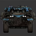 Military Armored Tank With Blue Black Camouflage Pattern And Wheeled Design