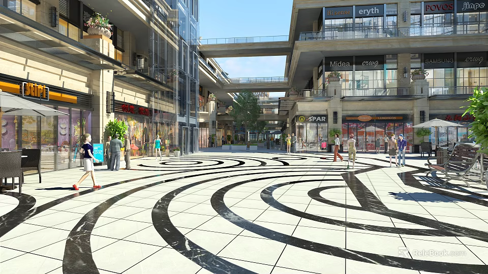 Modern Commercial Street With Pedestrians Shops And Circular Patterned Pavement 3d model 