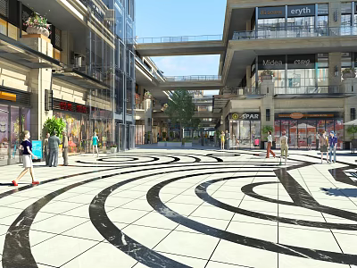 Modern Commercial Street With Pedestrians Shops And Circular Patterned Pavement 3d model