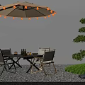 Patio Garden Featuring Outdoor Dining Table Chairs Umbrella String Lights and Shaped Tree Grass 3d model