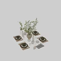 Modern Tableware Set With Green Plants Vase Bowls Plates Cups And Placemats