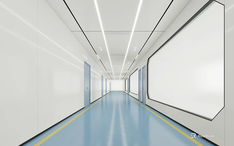 Modern Elevator Corridor With White Walls Blue Floor Yellow Lines And Ceiling Lights 3d model 