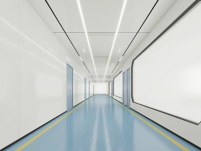 Modern Elevator Corridor With White Walls Blue Floor Yellow Lines And Ceiling Lights 3d model
