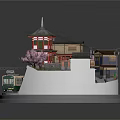 Cartoon Scene of Traditional Buildings with Cherry Blossom Tree Tram and Railway Track on Round Platform