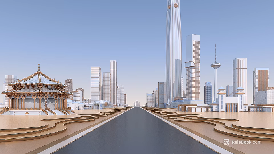Wide Municipal Road In Urban Area With Skyscrapers Traditional Architecture And Symmetrical Landscaping 3d model 