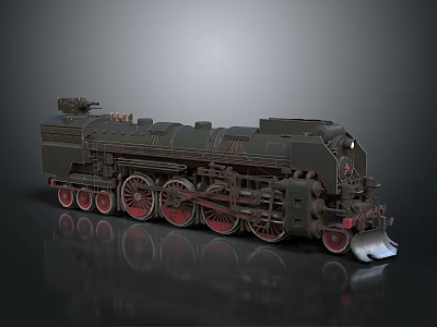 Vintage Dark Colored Steam Train Model With Red Wheels Front Snow Plow And Mechanical Details 3d model