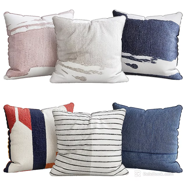 Stylish Decorative Pillows with Pink White Navy Red Striped and Textured Patterns for Home Decor 3d model 