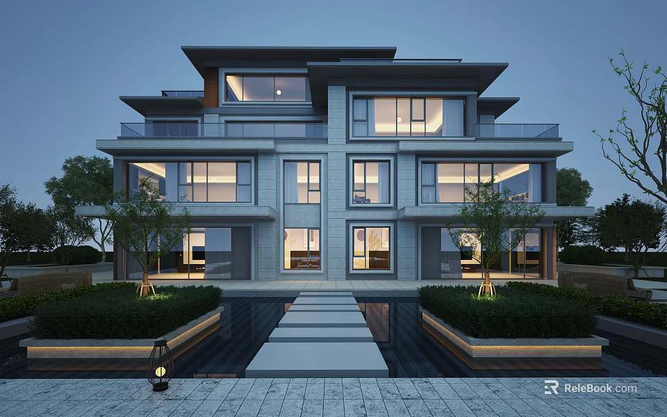 Modern Twin Villa Exterior With Large Windows Greenery And Water Feature 3d model 
