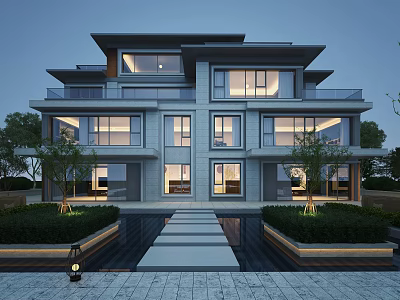 Modern Twin Villa Exterior With Large Windows Greenery And Water Feature 3d model