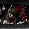 Elegant Banquet Hall With Red Curtains Green Plants White Red Flowers Chandeliers And Silver Spheres