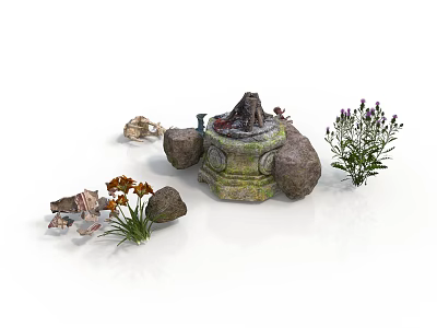 Artistic Carved Stone Sculpture With Mossy Base Stones And Decorative Plants 3d model