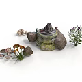 Artistic Carved Stone Sculpture With Mossy Base Stones And Decorative Plants