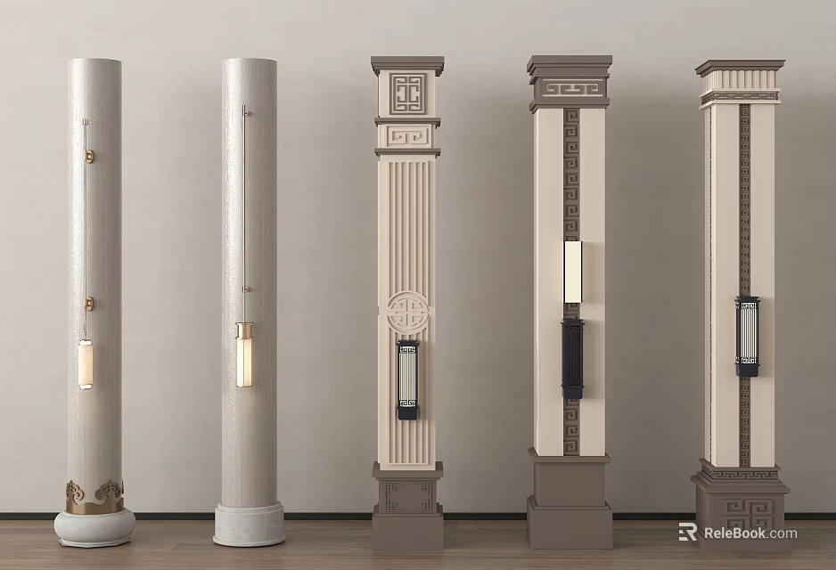Modern Decorative Columns With Lighting Elements Beige Gray Tones And Details 3d model