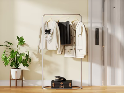 Entryway Hallway Interior Design with Clothes Rack Hanging Coats Skirt Hat Green Plant Wooden Floor 3d model