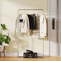 Entryway Hallway Interior Design with Clothes Rack Hanging Coats Skirt Hat Green Plant Wooden Floor