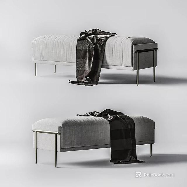 Modern Gray Fabric Ottoman with Metal Legs and Thrown Plaid Blanket 3d model 