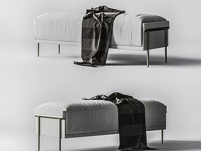 Modern Gray Fabric Ottoman with Metal Legs and Thrown Plaid Blanket 3d model