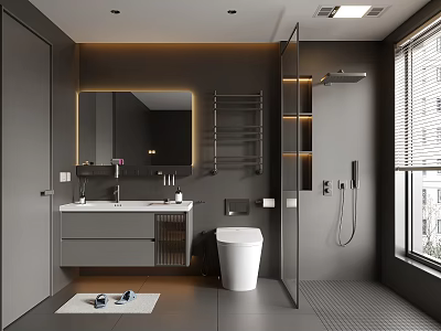 Modern Gray Bathroom Interior Design With Glass Shower Vanity Mirror Toilet And Towel Rack 3d model