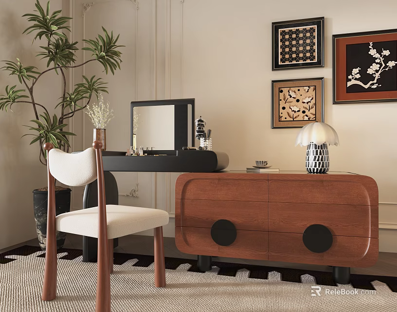 Elegant Wooden Dressing Table With Chair Mirror Table Lamp Near Framed Artworks And Potted Plant 3d model 