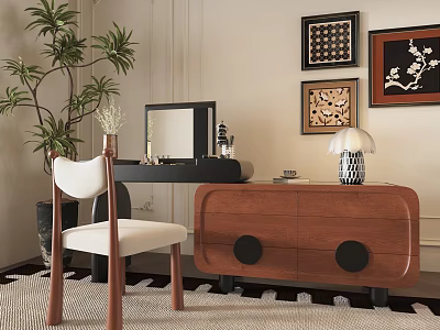 Elegant Wooden Dressing Table With Chair Mirror Table Lamp Near Framed Artworks And Potted Plant 3d model