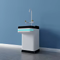 Modern Sink Vanity with White Faucet Yellow Knobs and Blue Light Strip Against Blue Wall