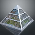 Natural Scenic View Reflected in Pyramid Shaped Glass Structure With Metal Frame