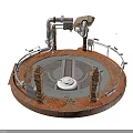 Rusty Industrial Circular Platform With Metal Pipes Mechanical Arm And Support Columns