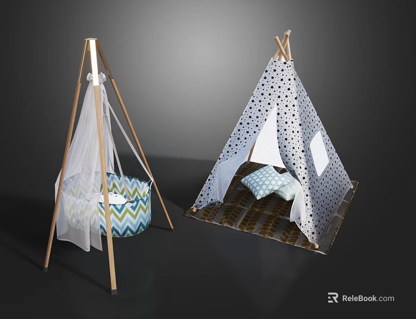 Kids Play Tents With Wooden Frame White Fabric Black Polka Dots Pillows And Striped Mat 3d model 