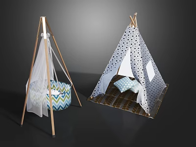 Kids Play Tents With Wooden Frame White Fabric Black Polka Dots Pillows And Striped Mat 3d model