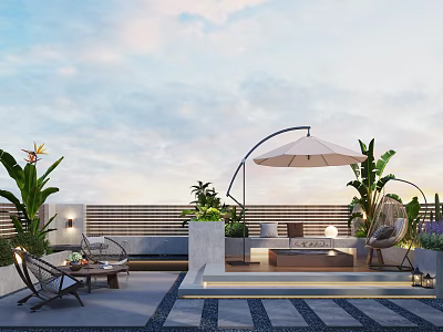 Rooftop Garden Relaxing Outdoor Space With Umbrella Furniture Lush Plants And Stone Pathway Under Sky 3d model