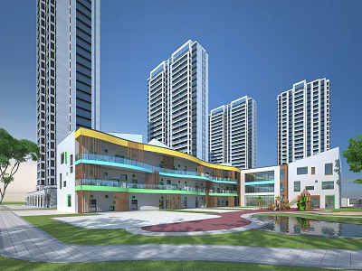 Modern School Building With Colorful Design Green Lawn Pond And Children's Playground Near Tall Buildings 3d model