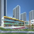 Modern School Building With Colorful Design Green Lawn Pond And Children's Playground Near Tall Buildings