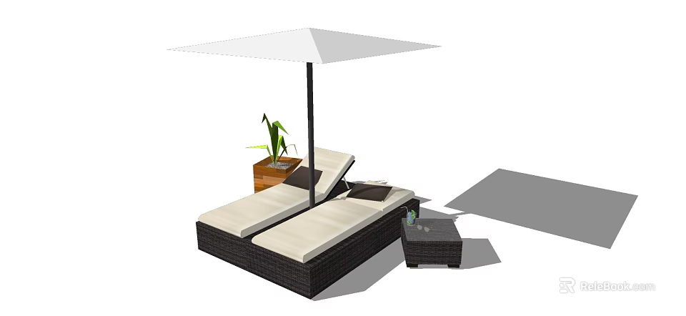 Wicker Lounge Chair With White Parasol Small Side Table And Plant 3d model 