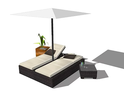 Wicker Lounge Chair With White Parasol Small Side Table And Plant 3d model