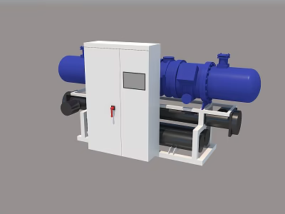Industrial Refrigeration Equipment With White Control Cabinet And Blue Cylindrical Storage Tanks 3d model