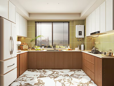 Modern Kitchen With White Brown Cabinets Window Blinds Green Plant Sink Fruits And Patterned Floor 3d model