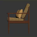 Modern Wooden Frame Chair With Brown Fabric Seat And Orange Geometric Pillow