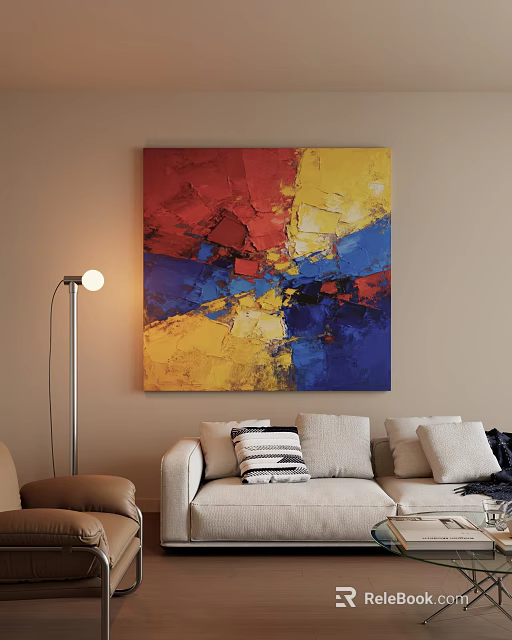 Modern Abstract Painting With Vibrant Red Yellow Blue Colors In Living Room Hanging On Wall 3d model 