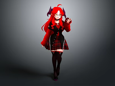 Fantasy Character With Red Long Hair Red Horns Black Red Plaid Skirt And Black Stockings 3d model