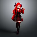 Fantasy Character With Red Long Hair Red Horns Black Red Plaid Skirt And Black Stockings