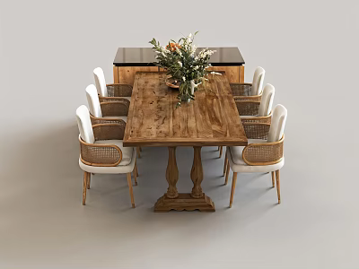 Wooden Dining Table Set With Light Colored Woven Chairs Floral Centerpiece And Sideboard Cabinet 3d model