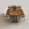 Wooden Dining Table Set With Light Colored Woven Chairs Floral Centerpiece And Sideboard Cabinet
