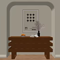Stylish Entryway Console Table With Decorative Grid Design Vase Fruits And Wall Art