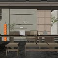 Modern Minimalist Study Room Interior With Large Wooden Desk Laptop Benches Green Plants And Warm Lighting