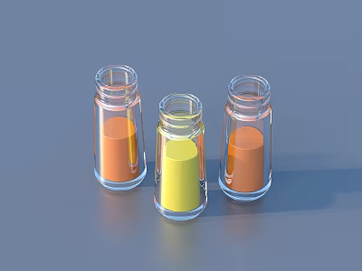 Three Transparent Glass Bottles With Colored Liquids Orange Yellow On Blue 3d model