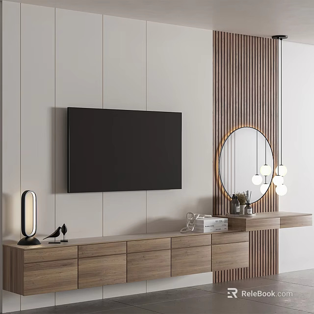 Modern TV Wall Design With Wooden TV Stand Round Mirror Pendant Lights And Decor 3d model 