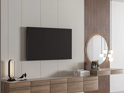 Modern TV Wall Design With Wooden TV Stand Round Mirror Pendant Lights And Decor 3d model